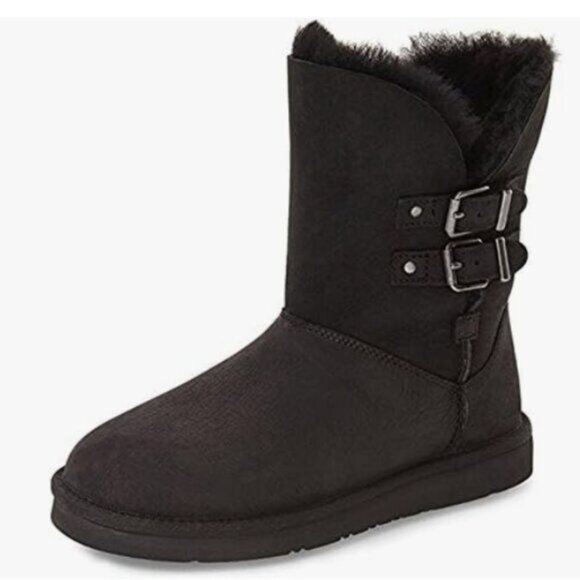 Black Women's Mid Calf Fully Fur Lined Winter Snow Boot with Chic Buckles Shoe - Picture 1 of 8